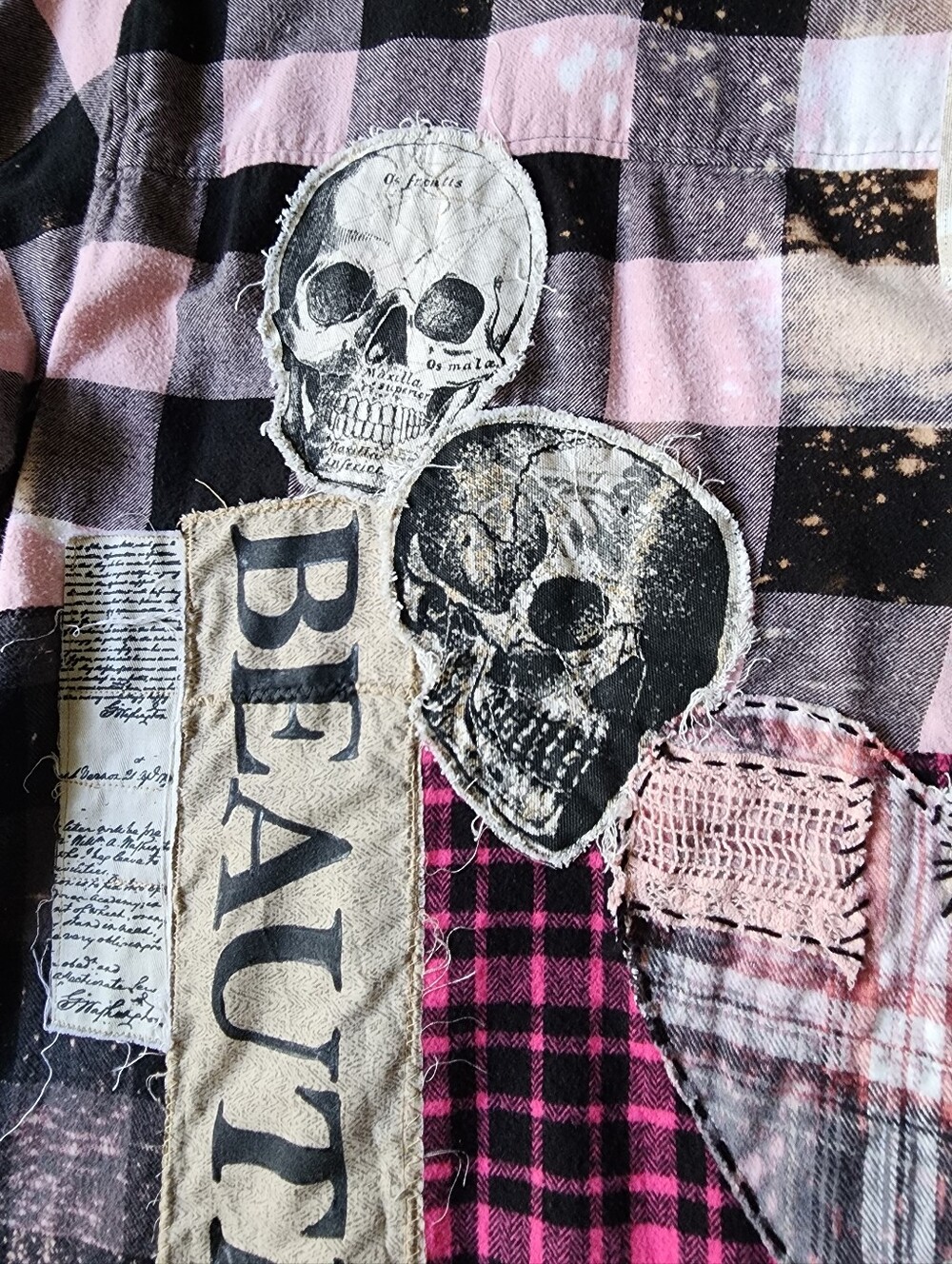 Designer Upcycled Kimono Duster Buttondown Flannel Top Artisan Cottage Appliqué - Picture 6 of 16